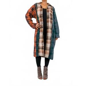 NEW SURELYMINE distressed long plaid patches shacket in brown